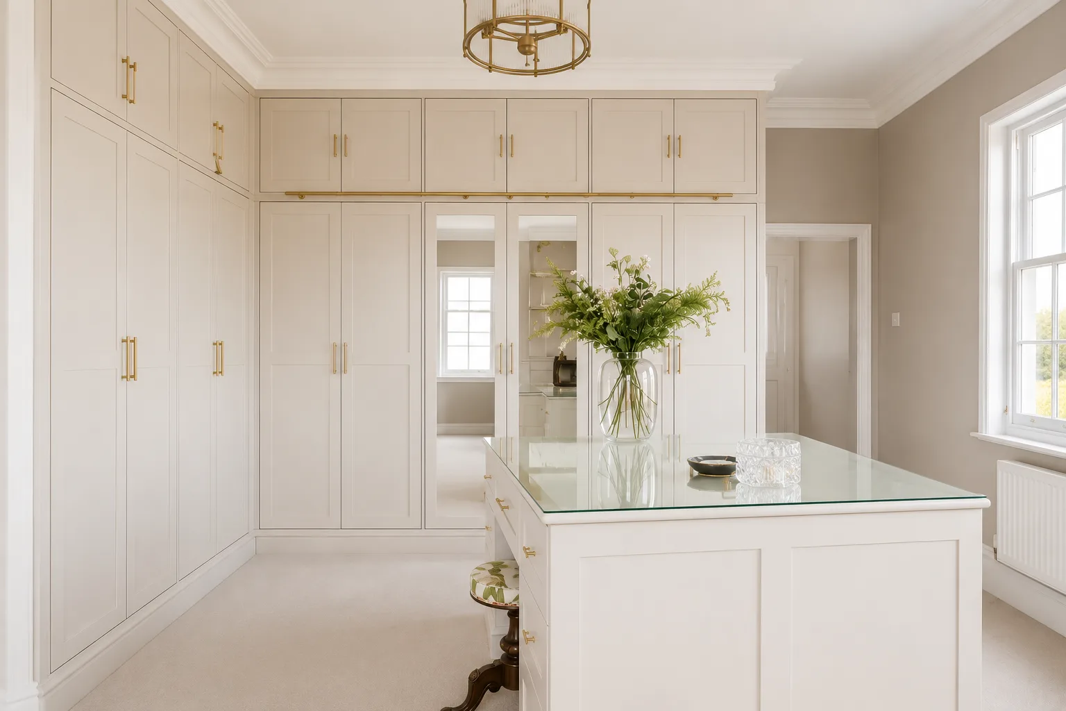 A bespoke fitted dressing room with handleless doors and brushed-gold detailing